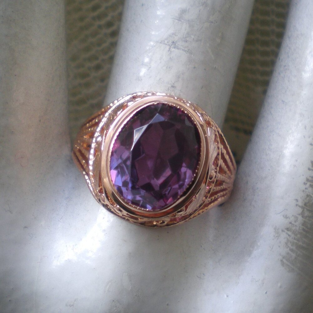 Vintage European Original Solid 14K 583 Rose Pink Gold Alexandrite Cocktail Ring